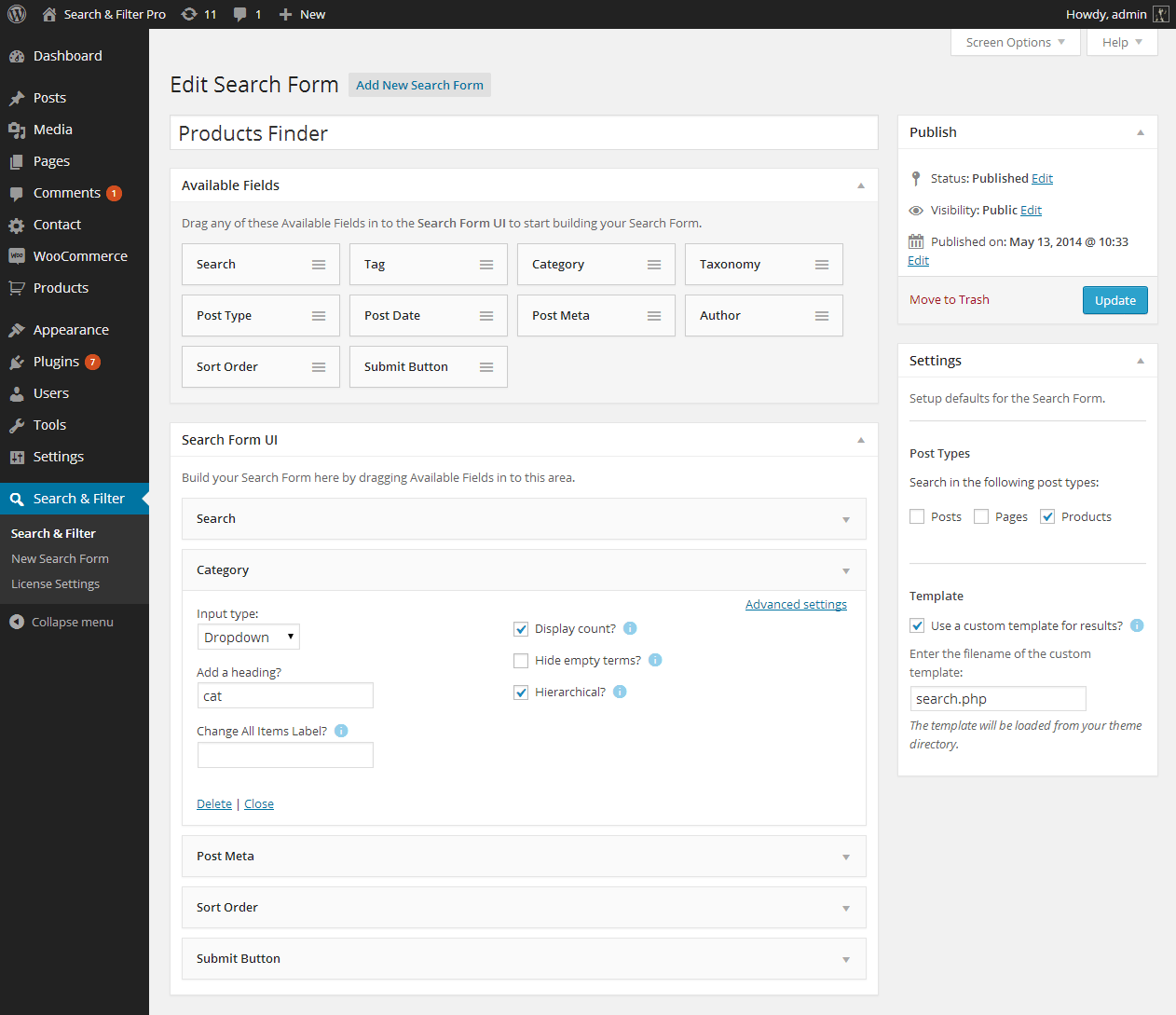 Screen of the Admin Section - creating a Search Form